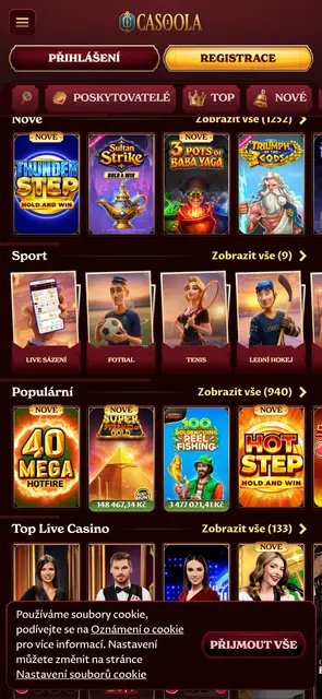 Kategorie her, sportu a živého casina na webu Casoola