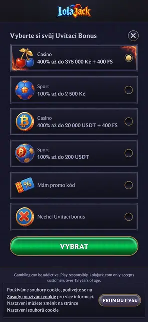 Mobilní web Lolajack, výběr uvítacího bonusu v češtině