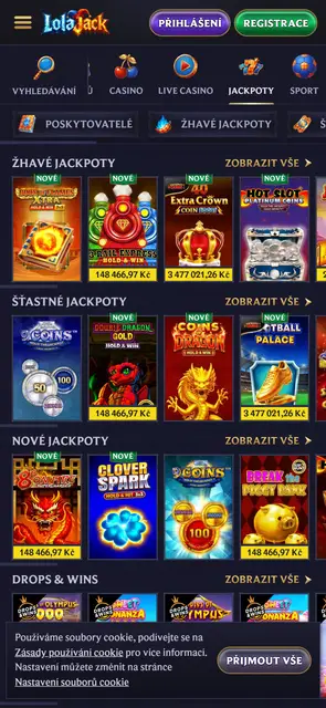 Sekce jackpotů s aktuálními částkami v mobilní verzi Lolajack